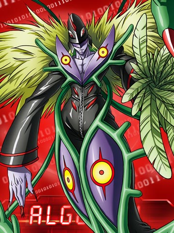 1boy algomon_perfect binary claws digimon digimon_(creature) feathers hat horns leaf lowres male_focus mask official_art solo thorns yellow_eyes
