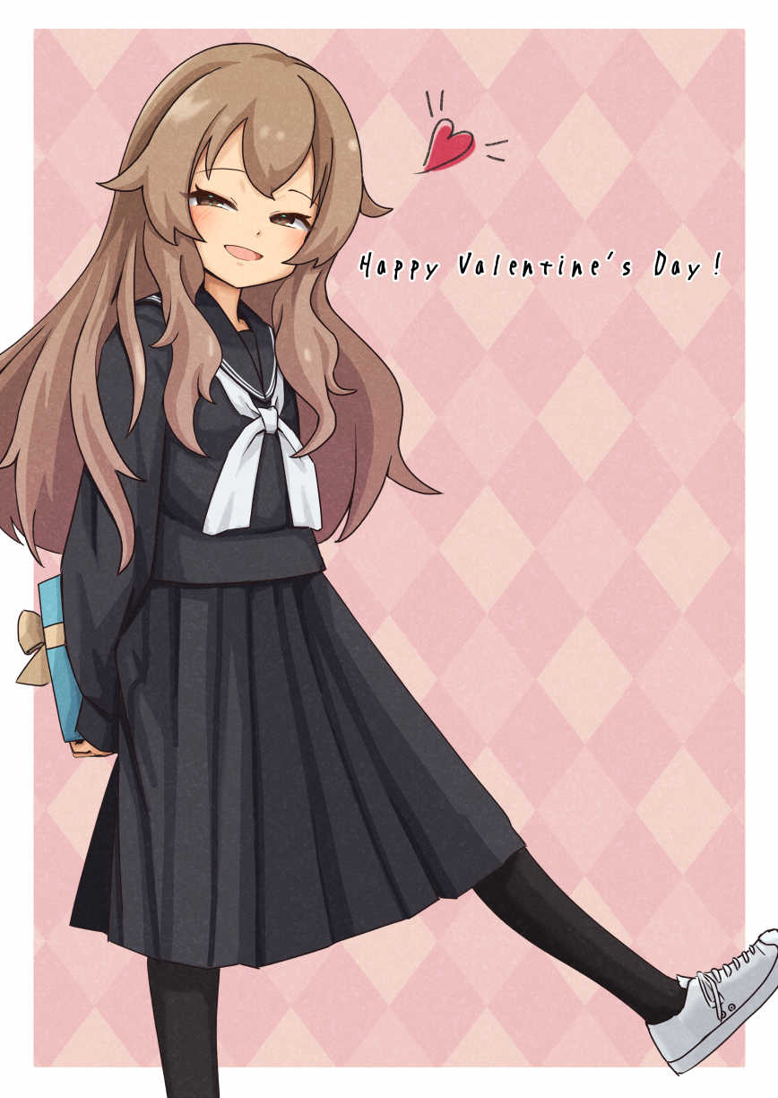 1girl arms_behind_back black_pantyhose black_sailor_collar black_serafuku black_shirt black_skirt box brown_eyes brown_hair commentary_request foot_out_of_frame foot_up gift gift_box half-closed_eyes heart highres kasago_(wnfj2383) long_hair looking_at_viewer medium_skirt neckerchief open_mouth original paid_reward_available pantyhose pleated_skirt sailor_collar sailor_shirt school_uniform serafuku shirt skirt valentine white_footwear white_neckerchief