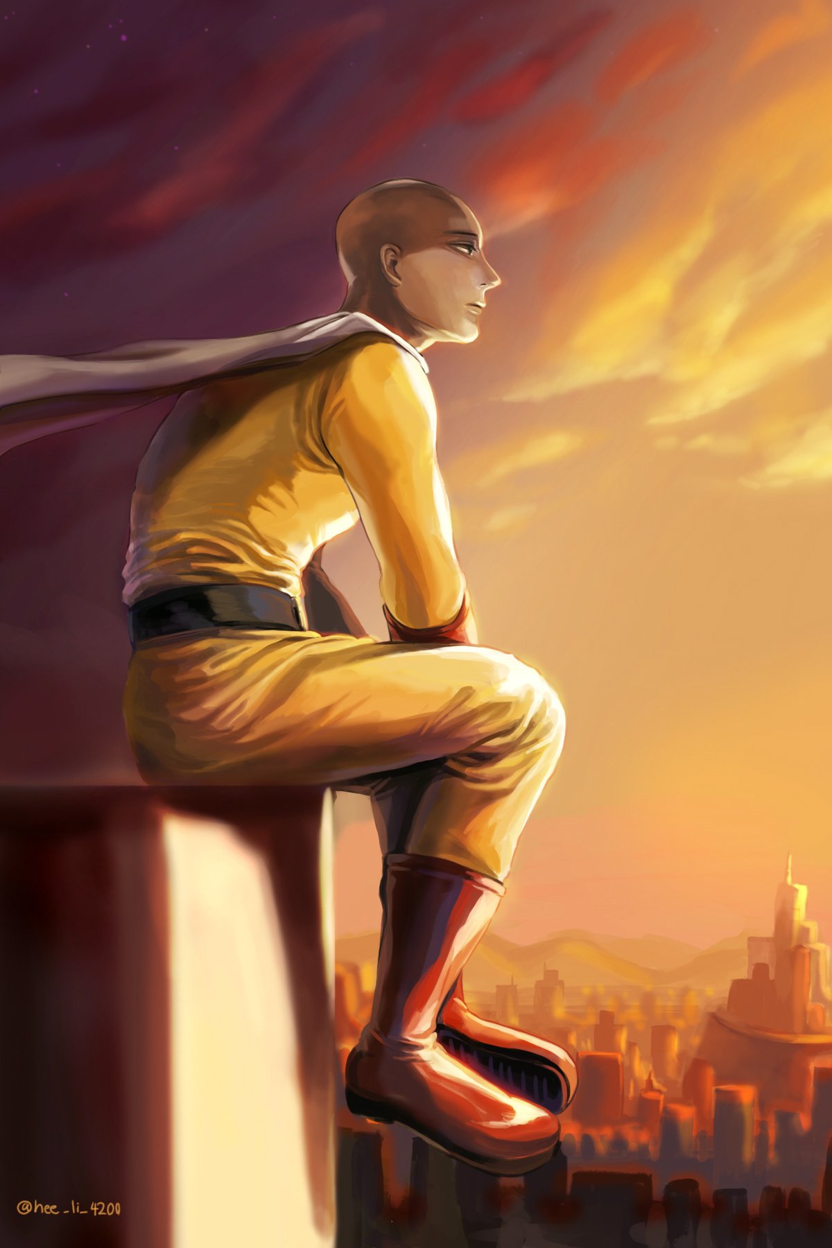 1boy artist_name bald belt black_belt black_eyes bodysuit cape closed_mouth commentary_request from_side full_body gloves hee_li_265791 highres korean_commentary male_focus one-punch_man outdoors red_footwear red_gloves saitama_(one-punch_man) solo white_cape yellow_bodysuit