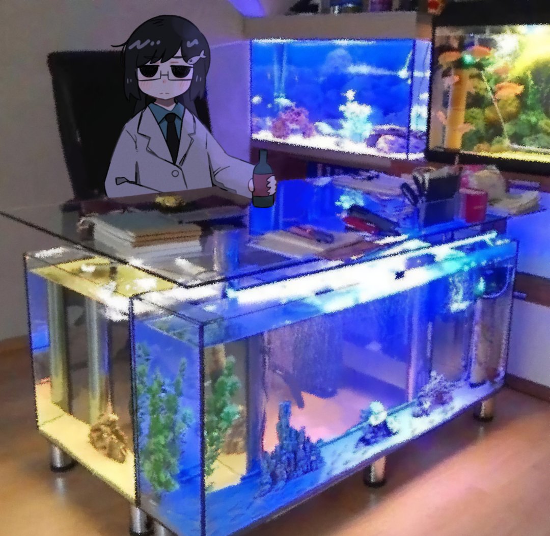 1girl 39w8epp8pk black_eyes black_hair blank_eyes blush bottle closed_mouth commentary desk english_commentary fish_hair_ornament fish_tank glass hair_ornament holding holding_bottle indoors jacket jitome long_hair long_sleeves looking_at_viewer necktie on_chair photo_background shimeji_simulation sitting solo suit tsukishima_shijima's_sister upper_body white_jacket