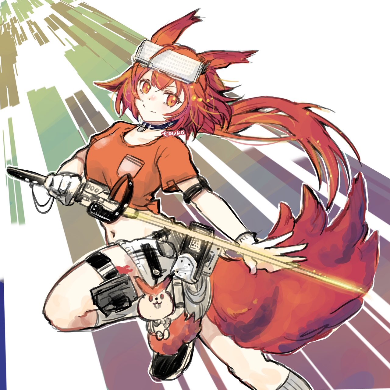 1girl animal_ears arknights black_footwear breasts closed_mouth collarbone commentary_request crop_top feet_out_of_frame flametail_(arknights) highres holding holding_sword holding_weapon kneehighs long_hair medium_breasts midriff navel orange_shirt red_eyes redhead shirt shoes short_shorts short_sleeves shorts signature smile socks solo sword tail touno_(akarino) weapon white_shorts white_socks