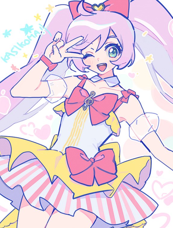 1girl ;d ahoge bare_shoulders bow cowboy_shot detached_sleeves dress empty_(neyo) green_eyes hair_bow heart idol_clothes kashikoma! long_hair looking_at_viewer manaka_laala multicolored_clothes multicolored_dress one_eye_closed open_mouth pink_bow pretty_series pripara puffy_detached_sleeves puffy_sleeves purple_hair smile solo standing treble_clef twintails v v_over_eye very_long_hair