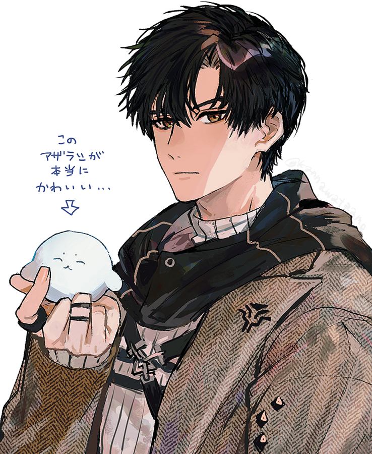 1boy black_hair brown_eyes coat holding long_sleeves looking_at_viewer love_and_deepspace male_focus scarf seal_(animal) short_hair shourou_kanna snow_sculpture solo upper_body white_background zayne_(love_and_deepspace)