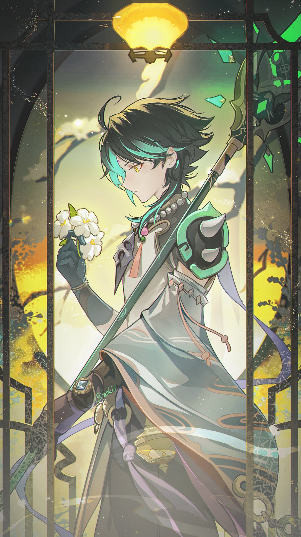 1boy ahoge aqua_hair armor artist_name black_hair black_pants blue_gloves closed_mouth crystal detached_sleeves eyeshadow facial_mark flower forehead_mark genshin_impact gloves gold_trim hand_up highres hoki11 holding holding_flower holding_polearm holding_weapon jewelry leaf long_sleeves looking_down makeup male_focus mandarin_collar multicolored_hair necklace pants pearl_necklace polearm primordial_jade_winged-spear_(genshin_impact) red_eyeshadow round_window shirt short_hair shoulder_armor single_detached_sleeve sleeveless sleeveless_shirt solo spear standing tassel two-tone_hair weapon white_flower white_shirt wide_sleeves window xiao_(genshin_impact) yellow_eyes