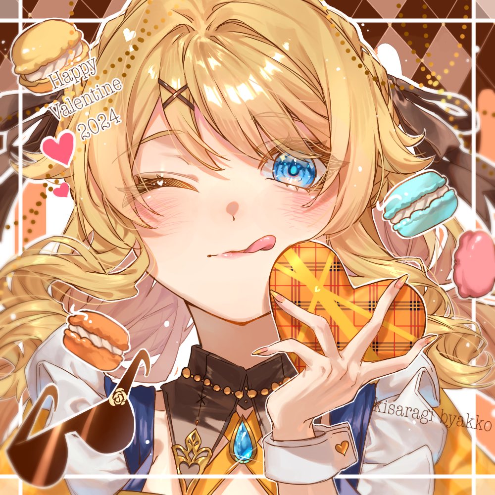 1girl 2024 artist_name blonde_hair blue_eyes blue_gemstone blush box brown_background brown_ribbon closed_mouth commentary_request detached_collar fingernails food gem genshin_impact gold_trim hair_between_eyes hair_ornament hair_ribbon hand_up happy_valentine heart heart-shaped_box holding holding_box jewelry kisaragi_byakko long_fingernails long_hair looking_at_viewer macaron nail_polish navia_(genshin_impact) necklace no_headwear one_eye_closed orange_nails ribbon smile solo sparkle sunglasses tongue tongue_out unworn_eyewear upper_body wing_collar wrist_cuffs x_hair_ornament
