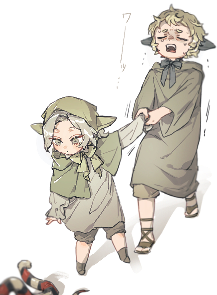 2boys aged_down animal black_bow black_bowtie blonde_hair blurry boots bow bowtie brothers capelet capri_pants child chin_strap closed_eyes crying depth_of_field dungeon_meshi ear_covers elf green_bow green_bowtie green_capelet green_hood grey_eyes grey_hair grey_robe hood hood_up long_sleeves mithrun mithrun's_brother multiple_boys open_mouth pants pointy_ears pulling reaching robe sandals short_hair shorts siblings simple_background snake standing trembling white_background yasei_no_master