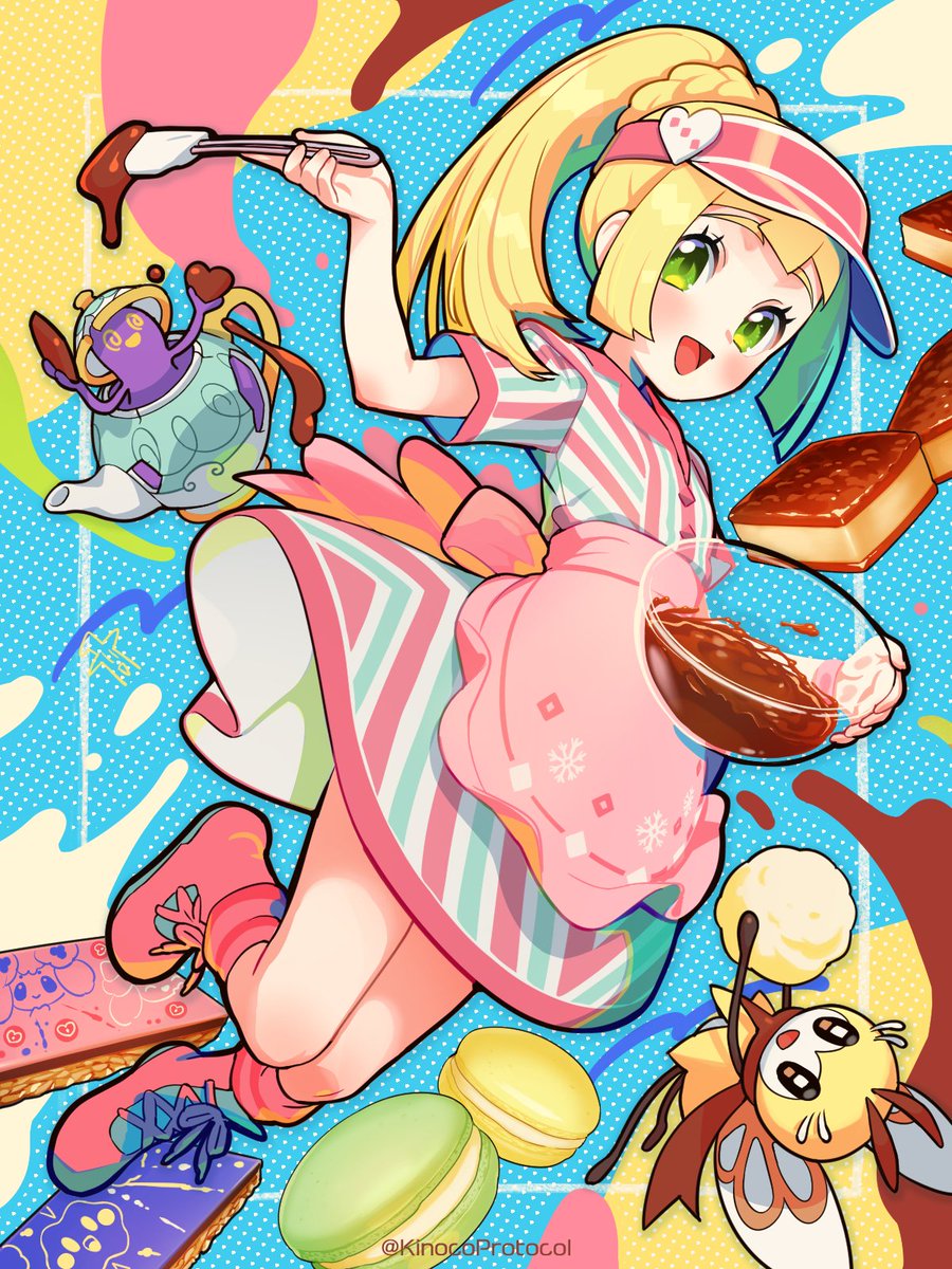 1girl :d apron blonde_hair boots braid candice_(palentine's_2024)_(pokemon) candice_(pokemon) candice_(pokemon)_(cosplay) chocolate commentary_request cosplay dress eyelashes green_eyes highres kinocopro knees lillie_(pokemon) long_hair mixing_bowl open_mouth pink_apron pink_footwear pink_headwear pokemon pokemon_(creature) pokemon_masters_ex pokemon_sm polteageist ponytail ribombee short_sleeves smile tongue visor_cap waist_apron