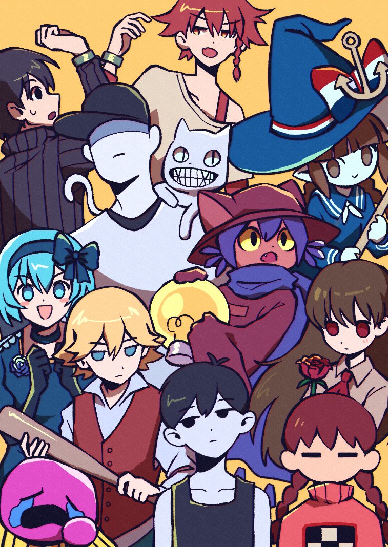 1other 4girls 6+boys :o anchor_hat_ornament animal animal_ears animal_hat animal_on_shoulder aqua_eyes aqua_hair ascot baseball_bat baseball_cap black_eyes black_gloves black_hair black_shirt blonde_hair blue_bow blue_choker blue_dress blue_eyes blue_flower blue_hairband blue_headwear blue_sailor_collar blue_scarf blue_serafuku blush_stickers bow bracelet braid brown_eyes brown_hair brown_headwear brown_sweater buttons cat cat_ears choker claire_elford closed_eyes closed_mouth collarbone collared_shirt colored_sclera colored_skin crossover crying dark_skin dress elbow_gloves end_roll expressionless fang flower funamusea gloves green_bracelet hair_between_eyes hairband hat hat_bow hat_ornament holding holding_baseball_bat holding_flower holding_staff ib ib_(ib) jewelry ka42541785 light_bulb long_hair looking_at_another looking_at_viewer madotsuki maeno_aki mob_face multicolored_bow multiple_boys multiple_girls niko_(oneshot) off-shoulder_shirt off_(game) off_shoulder omori omori_(omori) oneshot_(game) oounabara_to_wadanohara open_mouth phillip_(space_funeral) pink_skin pink_sweater pointy_ears print_sweater purple_hair red_ascot red_bow red_eyes red_flower red_rose red_vest redhead rose russell_seager sailor_collar scarf school_uniform serafuku shaded_face shirt short_hair sidelocks simple_background single_braid skin_fang sleeveless sleeveless_shirt sleeves_past_fingers sleeves_past_wrists smile space_funeral staff striped_clothes striped_shirt sweatdrop sweater the_batter_(off) tsugino_haru twin_braids vertical-striped_clothes vertical-striped_shirt vest wadanohara whiskers white_bow white_shirt white_skin witch's_heart witch_hat yellow_background yellow_sclera yellow_shirt yume_nikki zeno_(game)