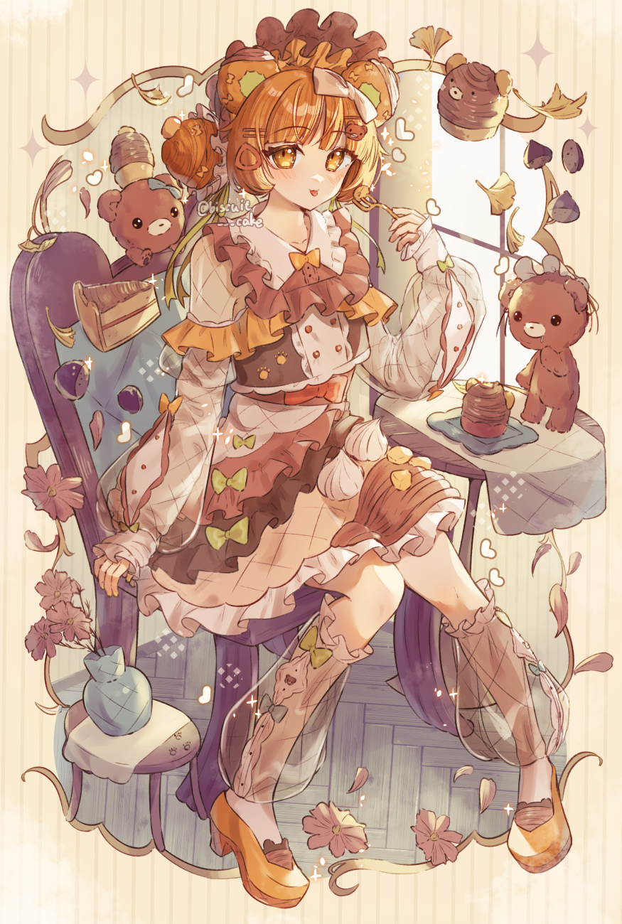 1girl :3 :p acorn animal_ears artist_name bear_ears bear_hair_ornament blunt_bangs bow bow_skirt bowtie brown_capelet brown_eyes brown_hair brown_skirt cake cake_slice capelet chair commentary cupcake falling_petals floating floating_object flower food fork frilled_skirt frilled_socks frills from_above full_body ginkgo_leaf hair_bun hair_ornament hairclip headdress heart highres holding holding_fork indoors kneehighs knees_together_feet_apart layered_skirt leaf light_blush long_sleeves looking_at_viewer on_chair orange_bow orange_bowtie orange_footwear original petals pink_flower pink_socks plate puffy_long_sleeves puffy_sleeves shoes short_hair signature single_hair_bun single_side_bun sitting skirt smile socks solo sparkle striped_background stuffed_animal stuffed_toy symbol-only_commentary table teddy_bear tongue tongue_out tsukumi_bis vase yellow_background