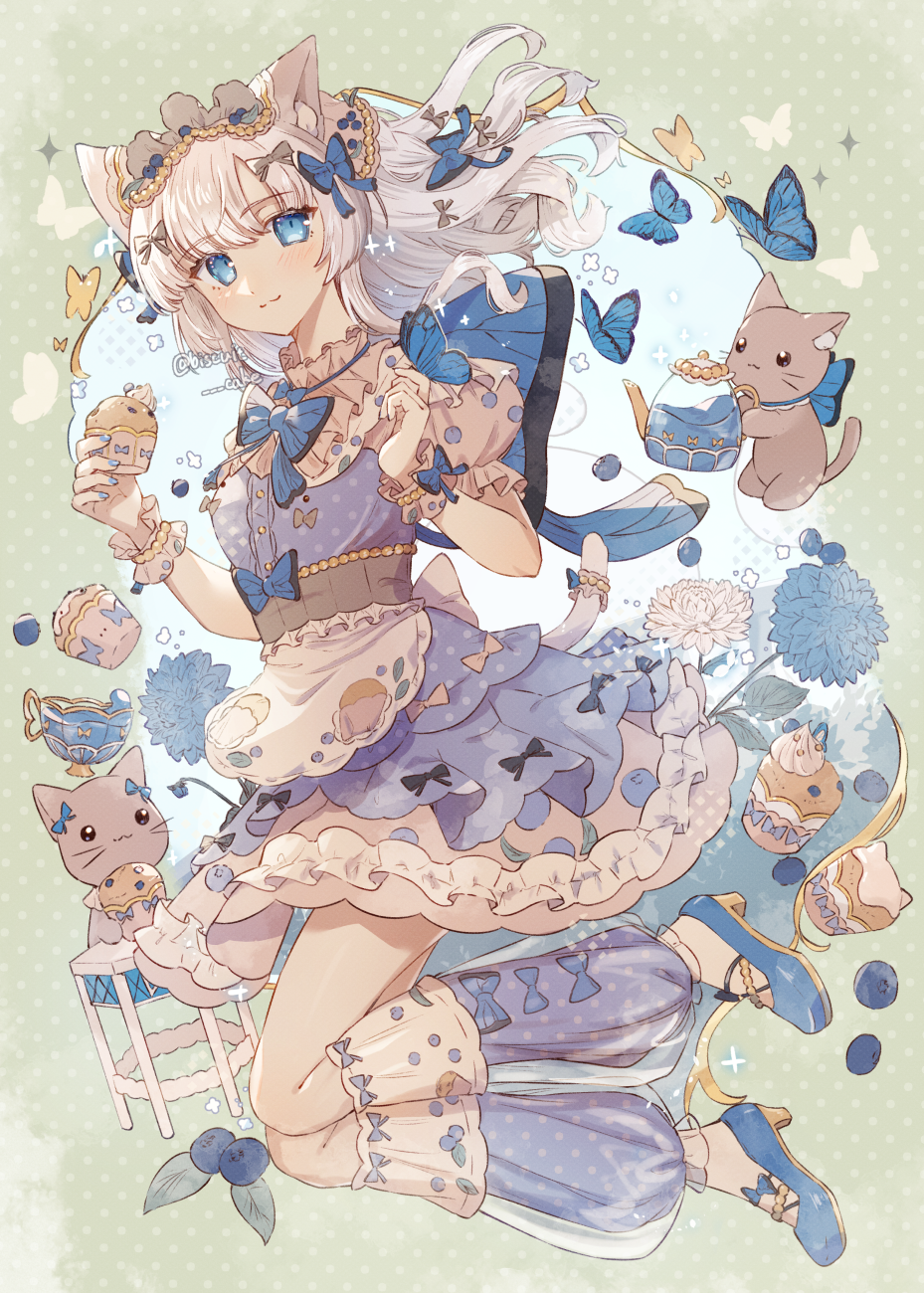 1girl :3 animal_ears apron artist_name blue_bow blue_bowtie blue_butterfly blue_dress blue_eyes blue_flower blue_footwear blue_leg_warmers blue_nails blueberry bow bow_legwear bowtie bug butterfly butterfly_on_hand cat cat_ears cat_girl cat_tail cup dotted_background dress dress_bow floating floating_hair floating_object flower food food_print footwear_bow frilled_apron frilled_dress frilled_shirt_collar frilled_sleeves frills from_side fruit full_body green_background hair_bow hands_up headdress highres holding holding_food layered_dress leaf leg_warmers looking_at_viewer medium_hair muffin nail_polish original parted_bangs polka_dot polka_dot_dress puffy_short_sleeves puffy_sleeves shoes short_sleeves signature slit_pupils smile solo sparkle stool tail tail_ornament tail_ring teacup teapot tsukumi_bis waist_apron white_apron white_flower white_hair wrist_cuffs