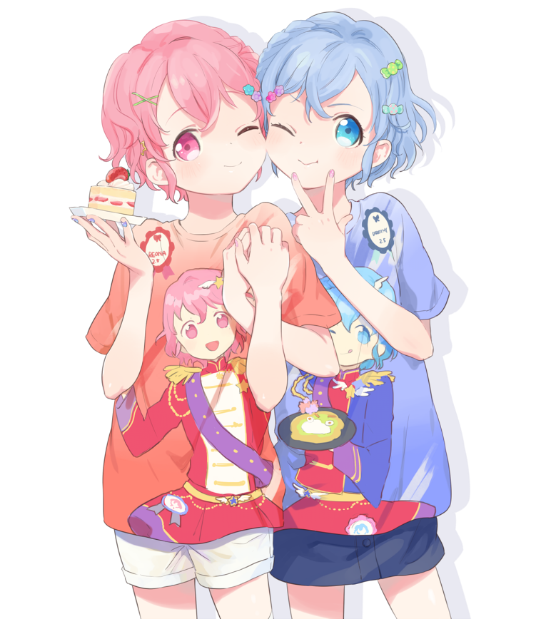 1boy 1girl blue_eyes blue_hair blue_shirt braid brother_and_sister cake cake_slice character_print closed_mouth commentary_request dorothy_west food hair_ornament hand_up holding_hands looking_at_viewer machico_maki mole mole_under_eye one_eye_closed otoko_no_ko pink_eyes pink_hair pretty_series pripara red_shirt shirt short_hair short_shorts short_sleeves shorts siblings simple_background smile standing strawberry_shortcake t-shirt twins v_over_mouth white_background white_shorts x_hair_ornament