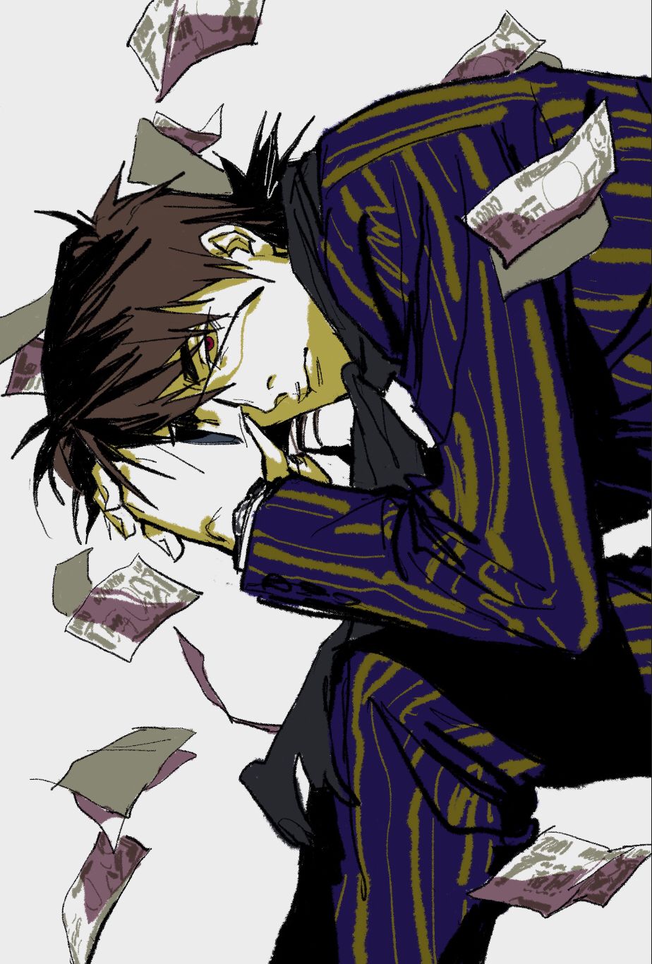 1boy banknote brown_hair closed_mouth commentary_request expressionless falling_money feet_out_of_frame hair_between_eyes highres hyoudou_kazuya jacket kaiji leaning_forward looking_at_viewer male_focus medium_bangs money pants purple_jacket purple_pants red_eyes short_hair simple_background sitting solo striped_clothes striped_jacket striped_pants sunglasses vertical-striped_clothes vertical-striped_jacket vertical-striped_pants white_background zvz_(tt82295946)