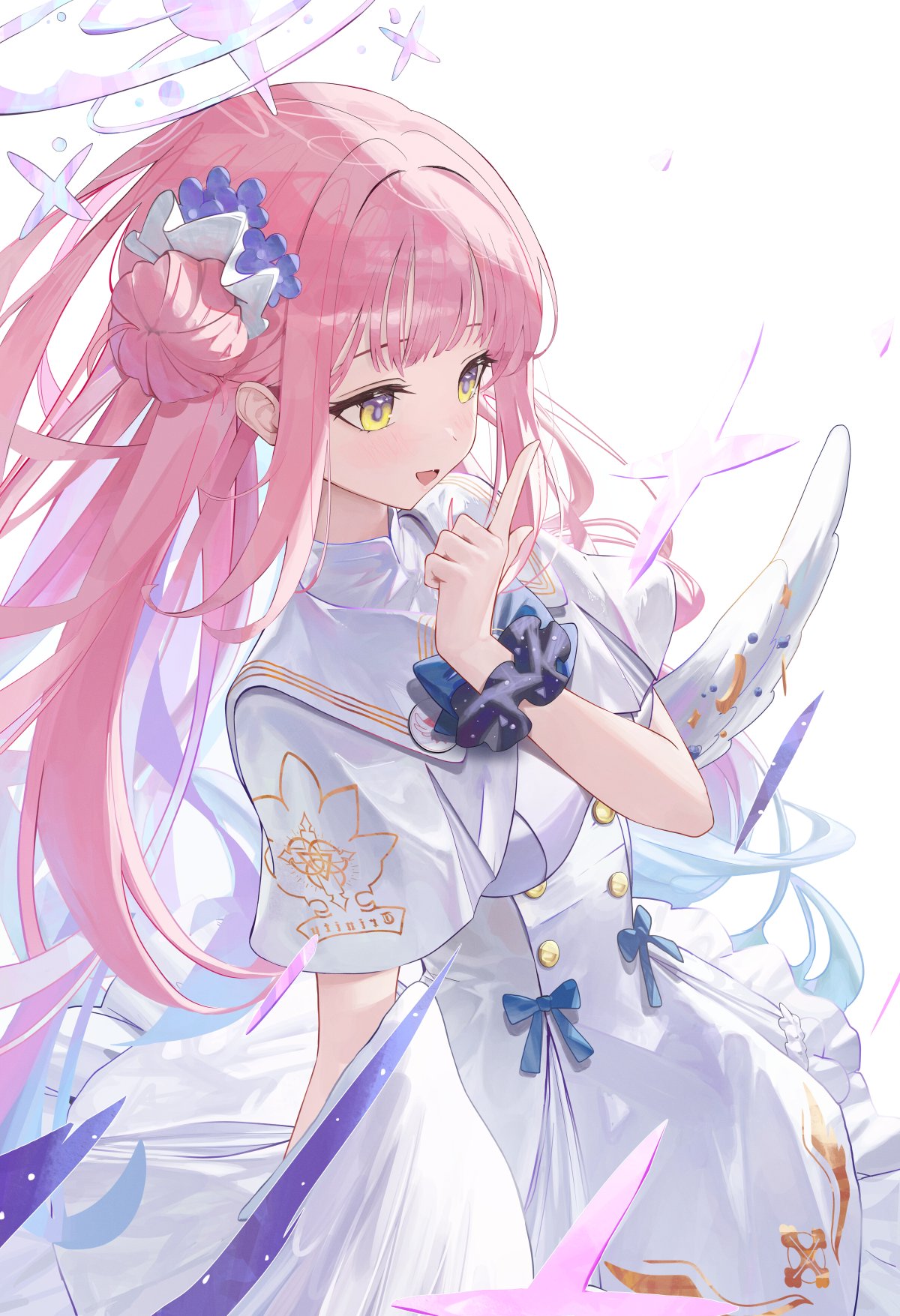 1girl achib angel_wings blue_archive blush capelet feathered_wings finger_to_mouth hair_bun hair_ornament halo highres long_hair mika_(blue_archive) pink_hair pink_halo single_side_bun solo white_capelet white_wings wing_ornament wings yellow_eyes