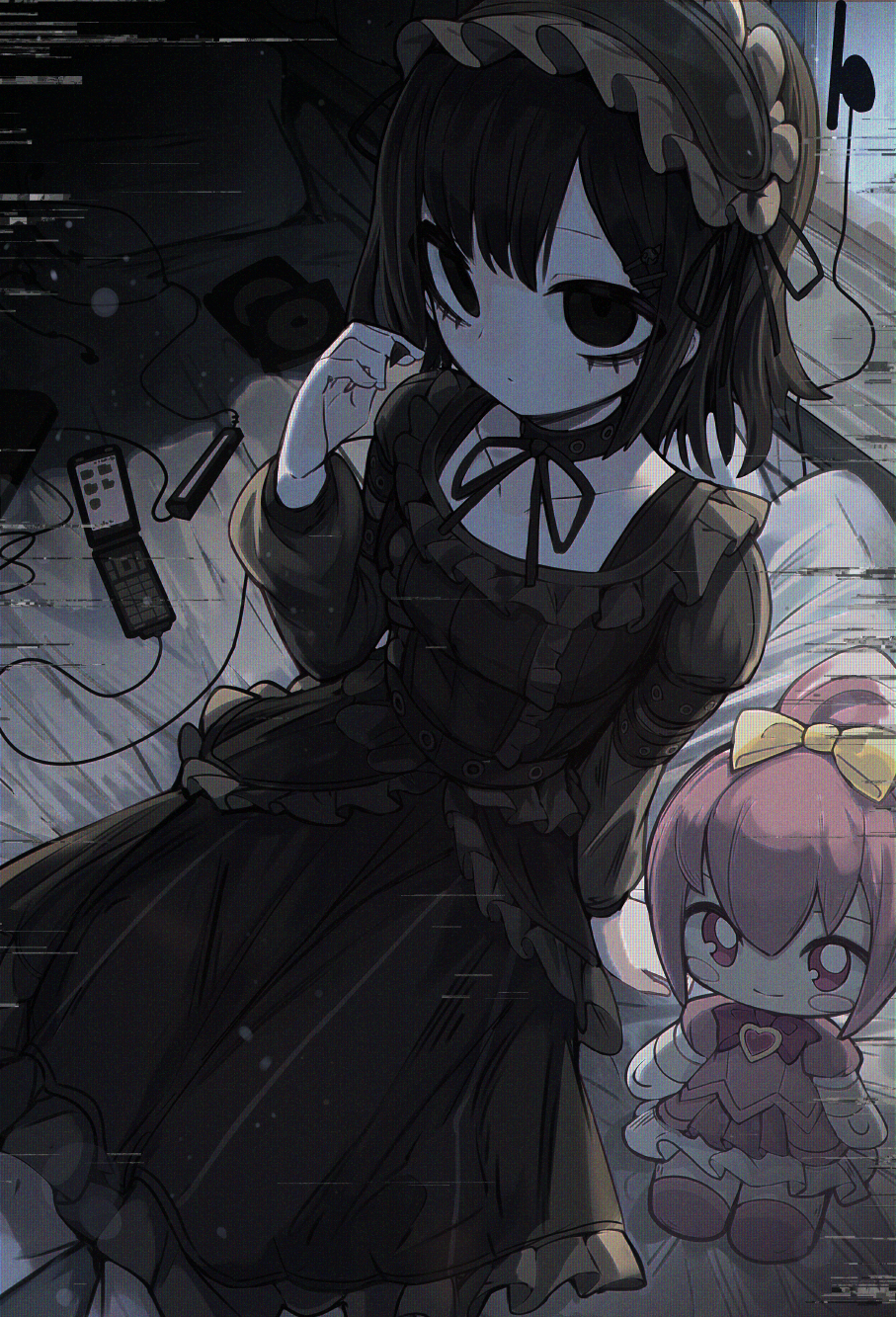 1girl asymmetrical_bangs backlighting black_eyes black_hair black_shirt black_skirt blouse blush_stickers bow cellphone choker distortion doll earphones earphones expressionless flip_phone frilled_bonnet frilled_skirt frills gothic_lolita hair_ornament hairclip highres ketopon lolita_fashion long_sleeves on_bed original pale_skin phone pink_hair playing_with_own_hair shirt sitting skirt solo window wire yellow_bow