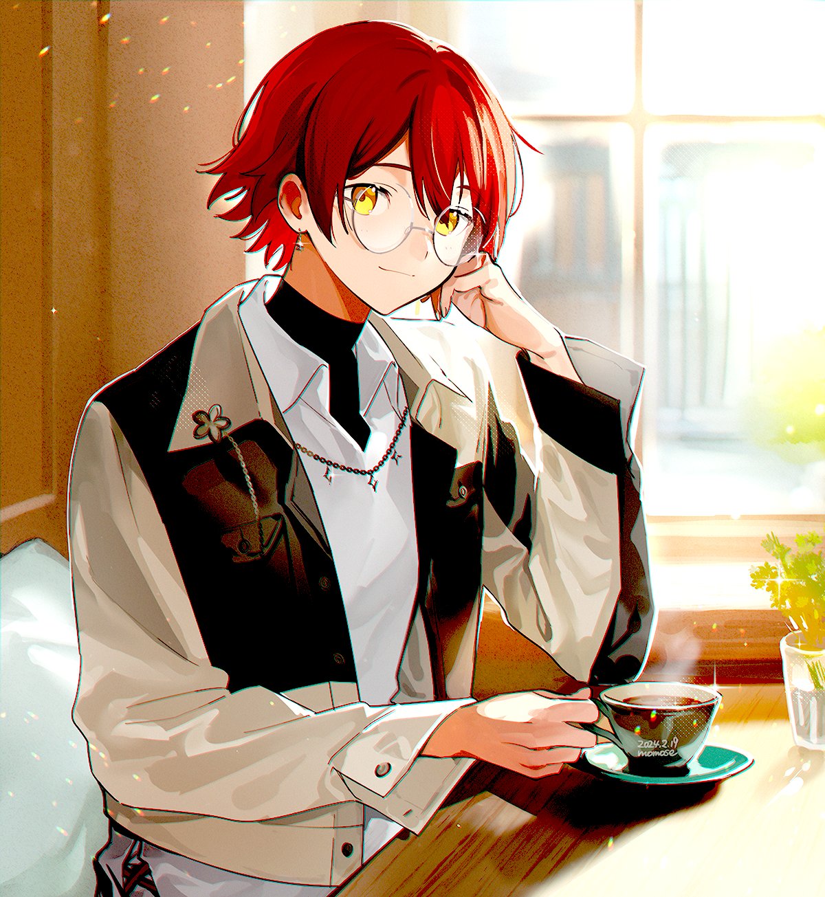 1boy collared_shirt cup earrings glasses hair_between_eyes hanasaki_miyabi highres holostars jewelry light_particles looking_at_viewer male_focus momose_(oqo) necklace redhead round_eyewear saucer shirt short_hair sitting smile solo steam table teacup upper_body window wooden_table yellow_eyes