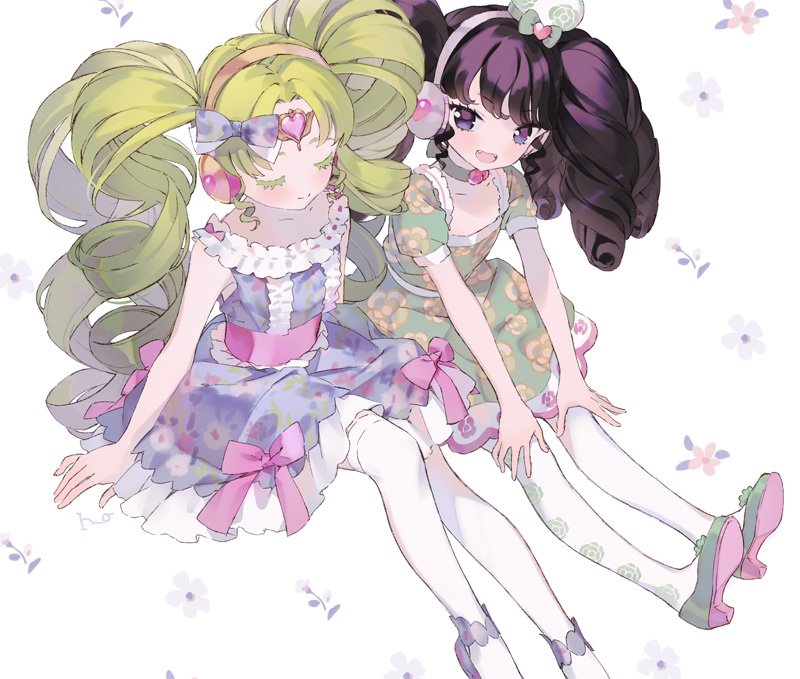 2girls :d black_eyes black_hair blue_dress bow commentary_request dress drill_hair falulu falulu_(awakened) floral_print forehead_jewel frilled_dress frills from_above full_body gaaruru_(pripara) green_dress green_footwear green_hair hair_bow hands_on_own_knees headphones high_heels inogashi long_hair looking_at_viewer multiple_girls open_mouth parted_bangs pink_ribbon pretty_series pripara ribbon shoes sidelocks sitting smile thigh-highs twin_drills twintails very_long_hair white_background white_thighhighs