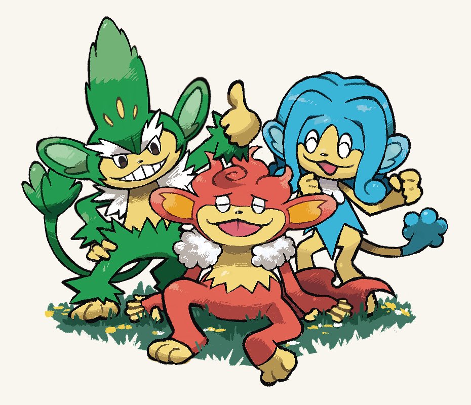 :d ^_^ arm_support clenched_hands closed_eyes flower grass grin kokesa_kerokero no_humans open_mouth pokemon pokemon_(creature) simipour simisage simisear sitting smile standing teeth thumbs_up yellow_flower