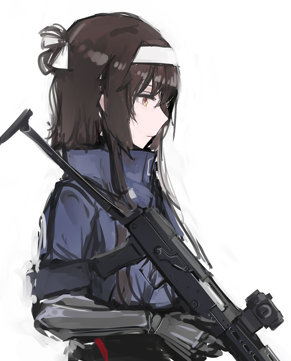 1girl android blue_jacket brown_eyes brown_hair closed_mouth collared_jacket expressionless from_side girls_frontline gun hair_between_eyes hair_ribbon hairband high_collar holding holding_gun holding_weapon jacket looking_ahead looking_down mechanical_arms rampart1028 ribbon scope short_hair_with_long_locks sidelocks simple_background single_mechanical_arm solo submachine_gun type_79_(girls'_frontline) type_79_smg weapon white_background white_hairband white_ribbon