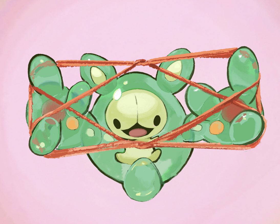 :d black_eyes commentary_request full_body happy holding holding_string koala_0l no_humans open_mouth pink_background pokemon pokemon_(creature) reuniclus smile solid_oval_eyes solo string tongue