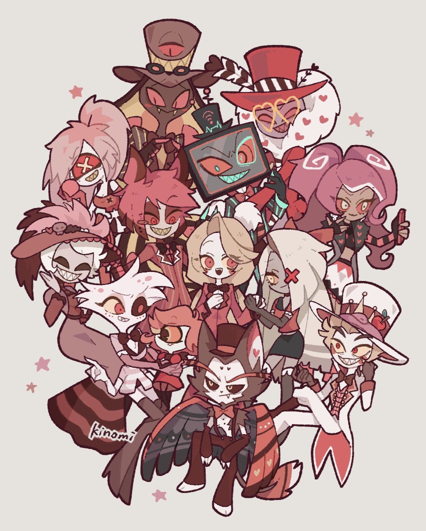 6+boys 6+girls :&gt; :d alastor_(hazbin_hotel) angel_dust animal_ears animal_nose antlers apple arm_hug artist_name black_bow black_bowtie black_choker black_eyes black_footwear black_gloves black_hair black_headwear black_jacket black_pants black_sclera black_shirt black_skin black_skirt black_wings blonde_hair blue_eyes blue_teeth blush body_fur bomb boots bow bowtie brown_dress brown_fur brown_hair cat_boy cat_ears cellphone charlie_morningstar cherri_bomb choker circle_facial_mark closed_mouth coat coattails colored_inner_hair colored_sclera colored_skin commentary crop_top cyclops dark-skinned_male dark_skin deer_antlers deer_boy deer_ears dress earrings elbow_gloves english_commentary everyone explosive extra_arms eyepatch facial_mark fang fang_out food freckles fruit full_body fur-trimmed_coat fur-trimmed_sleeves fur_trim furry furry_male gloves goggles goggles_on_headwear grey_background grey_headwear grey_skin grey_thighhighs grin hair_over_one_eye half-closed_eyes hand_on_own_chest hand_up hat hat_feather hazbin_hotel heart heart-shaped_eyewear high_heel_boots high_heels holding holding_bomb holding_hands holding_phone horns husk_(hazbin_hotel) index_finger_raised invisible_chair jacket jewelry kinomi_desu long_dress long_hair long_sleeves looking_at_another looking_at_viewer lucifer_(hazbin_hotel) mini_person minigirl mismatched_sclera monocle monster_boy monster_girl multicolored_hair multiple_boys multiple_girls niffty_(hazbin_hotel) object_head one-eyed open_mouth pants phone pink-tinted_eyewear pink_eyes pink_gloves pink_hair pink_jacket pink_sclera red_coat red_dress red_eyes red_headwear red_jacket red_sclera red_shirt red_tank_top red_wings redhead rosie_(hazbin_hotel) selfie sharp_teeth shirt short_hair short_sleeves simple_background sir_pentious sitting size_difference skirt skull_earrings smartphone smile snake snake_boy solid_eye solid_eyes star_(symbol) striped_clothes striped_jacket sunglasses suspenders symbol-shaped_pupils tank_top teeth television thigh-highs thigh_boots tiara tinted_eyewear top_hat traditional_bowtie twintails two-tone_fur two-tone_hair two-tone_wings vaggie valentino_(hazbin_hotel) velvette_(hazbin_hotel) vox_(hazbin_hotel) white_coat white_eyes white_fur white_gloves white_hair white_headwear white_shirt white_skin wifi_symbol wings x-shaped_pupils yellow-framed_eyewear yellow_eyes yellow_pupils yellow_sclera yellow_teeth