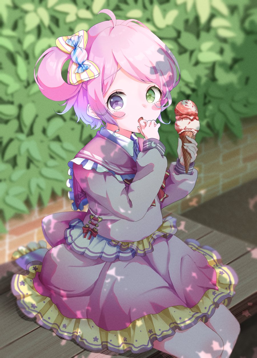 :o ahoge back_bow blush_stickers bow candy_hair_ornament food food-themed_hair_ornament frilled_shirt_collar frilled_skirt frills gradient_hair green_eyes hair_bow hair_ornament heterochromia highres himemori_luna holding holding_food holding_ice_cream hololive ice_cream layered_skirt long_sleeves mameiriko multicolored_hair open_mouth pink_hair pink_serafuku red_bow sailor school_uniform serafuku short_hair sitting sitting_on_bench skirt striped_bow violet_eyes virtual_youtuber yellow_skirt