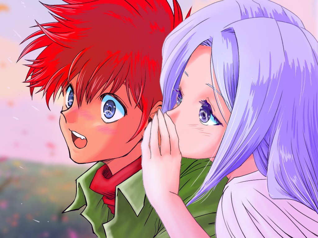 1990s_(style) 1boy 1girl adol_christin ancient_ys_vanished azarashifact blue_eyes blue_hair blurry blurry_background commentary_request eyelashes feena_(ys) long_hair open_mouth redhead retro_artstyle short_hair surprised teeth upper_teeth_only whispering ys
