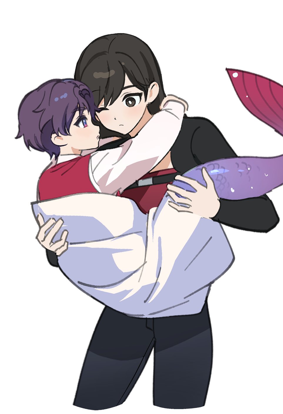 1boy 1girl aged_down arms_around_neck black_pants brown_eyes carrying cowboy_shot fins fish_tail full_body highres holding long_sleeves looking_at_another love_and_deepspace merman monster_boy one_eye_closed pants princess_carry protagonist_(love_and_deepspace) purple_hair rafayel_(love_and_deepspace) red_shirt shirt short_hair standing tail time_paradox wuliu_heihuo