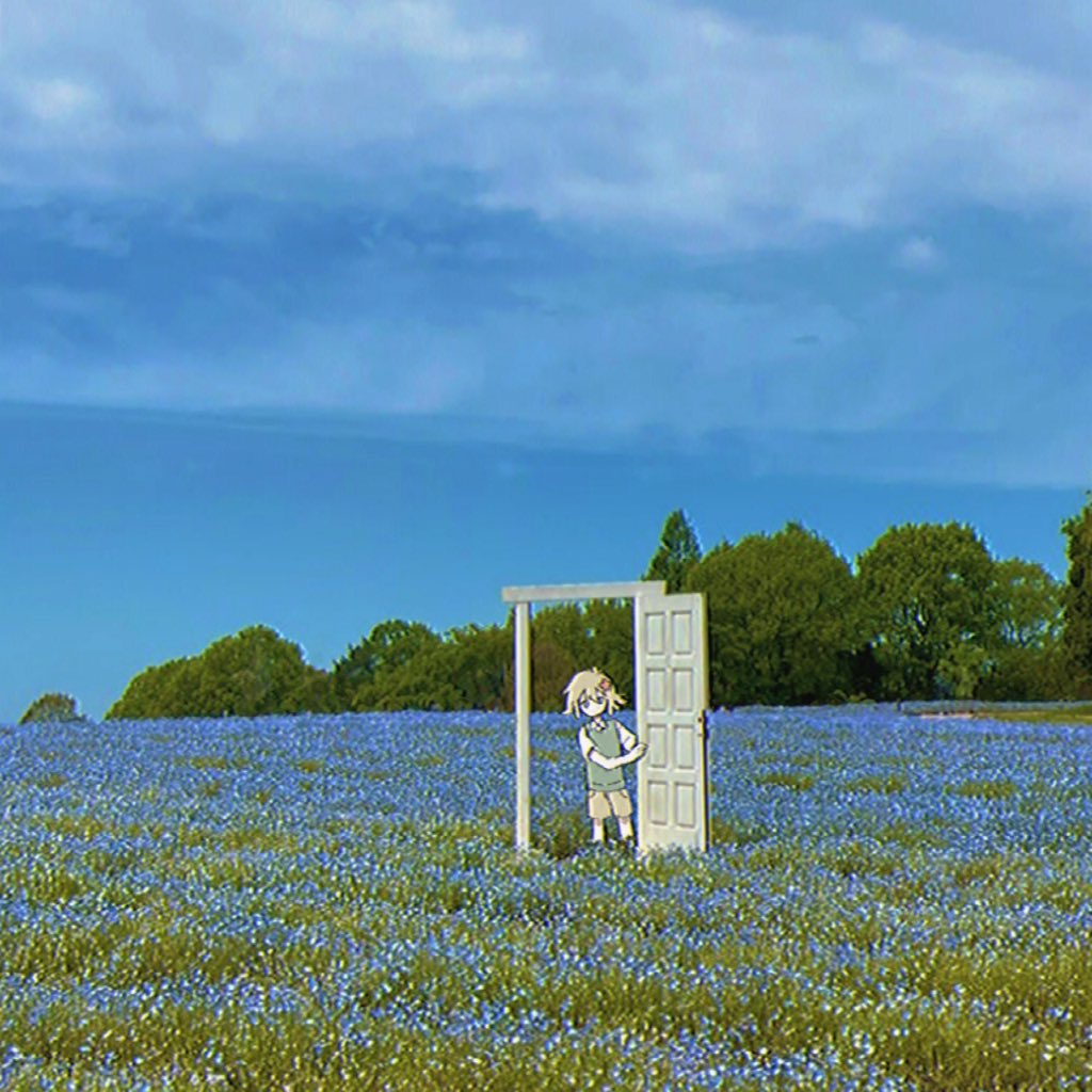 1boy 2d1ty basil_(omori) blonde_hair blue_eyes blue_sky blurry child clouds day door field flower flower_field green_vest hair_flower hair_ornament looking_at_viewer male_focus omori open_door outdoors peeking photo_background scenery shirt short_hair shorts sky solo standing surreal tree vest vhs_artifacts white_shirt wide_shot yellow_shorts