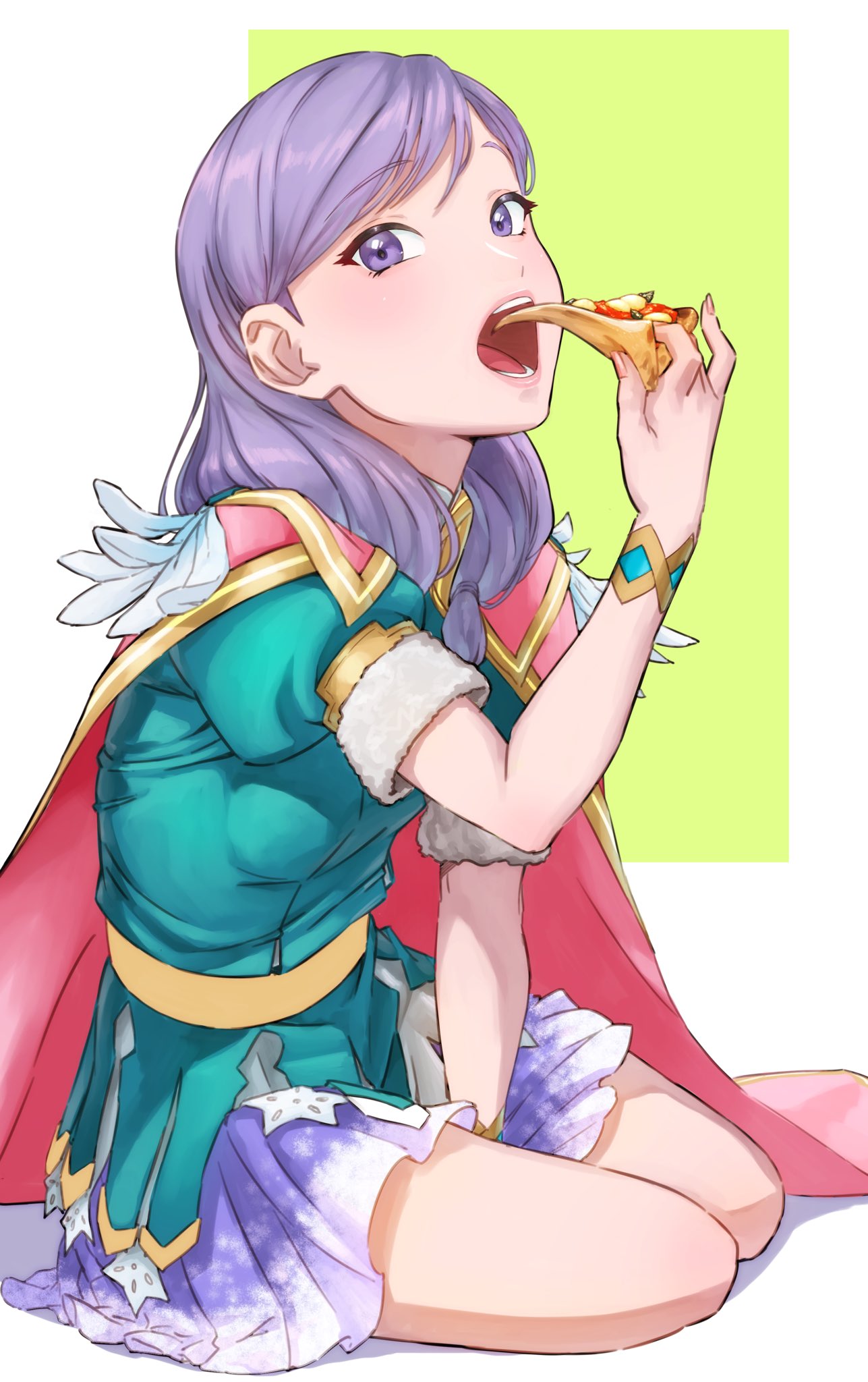 1girl aduti_momoyama belt_pouch cape circlet dress feather_trim fire_emblem fire_emblem:_path_of_radiance fire_emblem_heroes food gold_trim gradient_clothes hair_ornament highres holding holding_food holding_pizza ilyana_(fire_emblem) ilyana_(resplendent)_(fire_emblem) jewelry long_hair looking_at_viewer official_alternate_costume open_mouth pink_cape pizza pouch purple_hair short_dress short_sleeves simple_background skirt solo violet_eyes white_background wrist_cuffs