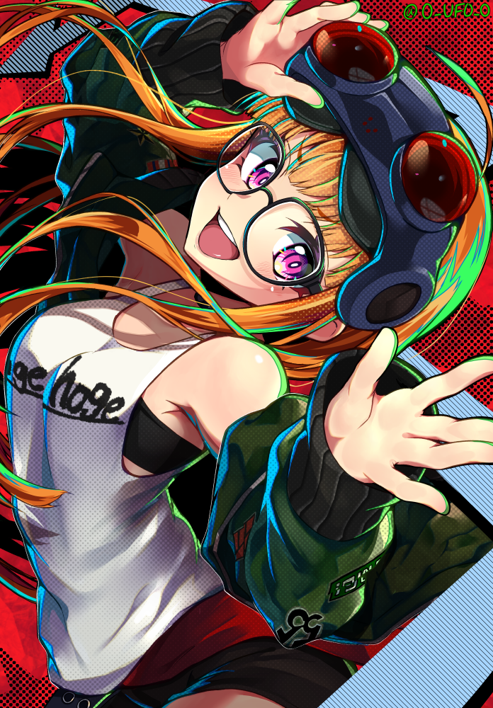 1girl 2024 :d adamusuki_(user_aahn7557) ahoge armpit_crease bare_shoulders black-framed_eyewear blunt_bangs blush breasts bright_pupils commentary_request dated_commentary eyelashes floating_hair foreshortening glasses goggles goggles_on_head green_jacket hand_on_goggles hands_up head_tilt jacket long_hair long_sleeves looking_at_viewer open_clothes open_jacket open_mouth orange_hair persona persona_5 pink_eyes red_background round_eyewear sakura_futaba shirt short_eyebrows simple_background sleeveless sleeveless_shirt small_breasts smile solo teeth twitter_username upper_body upper_teeth_only v-shaped_eyebrows white_pupils white_shirt