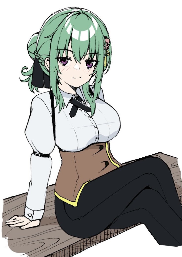 1girl arm_at_side black_pants black_ribbon blush breasts closed_mouth collared_shirt commentary crossed_legs doyagao feet_out_of_frame green_hair hair_between_eyes hair_bun hair_ribbon large_breasts long_sleeves looking_at_viewer medium_hair neck_ribbon pants ribbon shirt sidelocks simple_background single_hair_bun sitting smile smug solo takadate_orie tenshi_souzou_re-boot! tft_(tft7822) violet_eyes white_background white_shirt