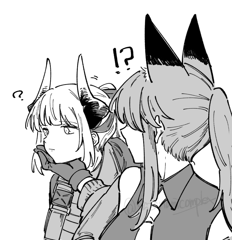 !? 2girls ? animal_ears arknights bare_shoulders closed_mouth collared_shirt commentary_request covered_face dragon_girl dragon_horns expressionless fox_ears fox_girl franka_(arknights) gloves greyscale hand_on_another's_chin haruichi_(sazanami_complex) horns liskarm_(arknights) long_hair long_sleeves looking_ahead looking_at_another monochrome multiple_girls necktie ponytail profile shirt short_hair sidelocks simple_background turning_head twitter_username unfinished upper_body watermark