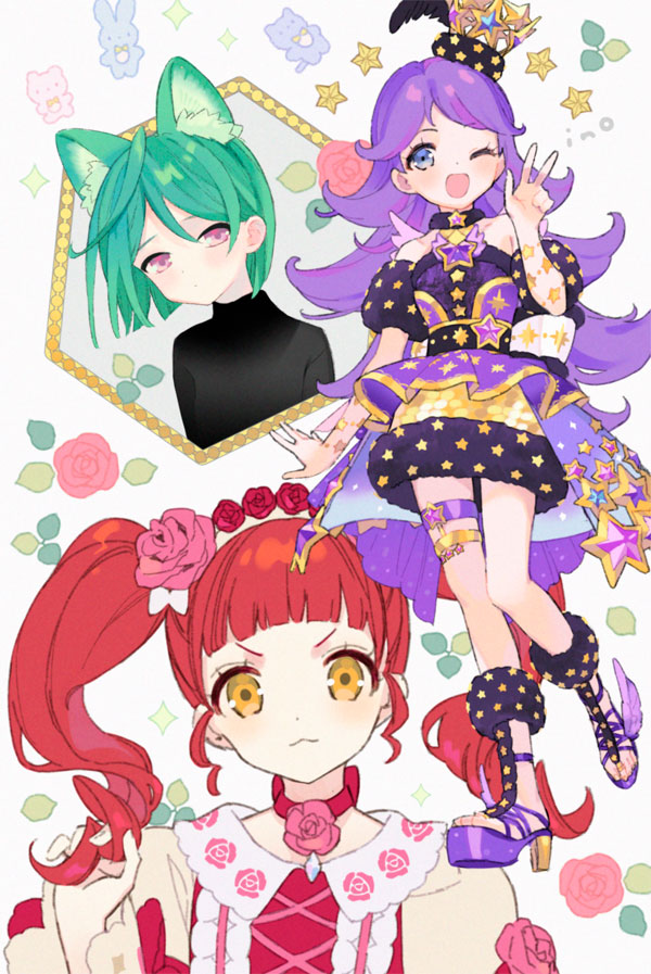 3girls :3 ;d akagi_anna animal_ear_fluff animal_ears blue_eyes blunt_bangs cat_ears choker closed_mouth commentary_request dress flower full_body fur-trimmed_dress fur_trim green_hair hand_up high_heels idol_clothes inogashi kiratto_pri_chan long_hair looking_at_viewer midorikawa_sara multiple_girls one_eye_closed open_mouth pink_eyes pink_flower pink_rose pretty_series purple_dress purple_footwear purple_hair red_choker redhead ringlets rose shido_mel short_hair smile standing star_(symbol) star_print twintails upper_body v-shaped_eyebrows very_long_hair w yellow_eyes