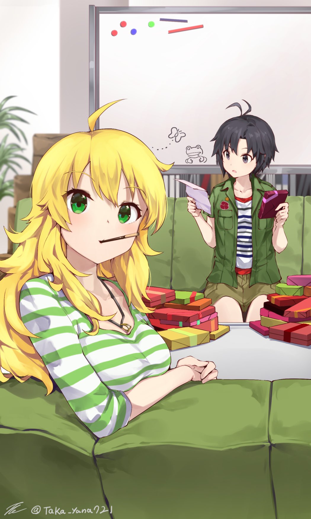 2girls ahoge antenna_hair black_eyes blonde_hair blush box breasts commentary_request couch cowboy_shot eyelashes food food_in_mouth gift gift_box green_eyes green_jacket hair_between_eyes highres holding holding_gift holding_paper hoshii_miki idolmaster idolmaster_(classic) idolmaster_million_live! idolmaster_million_live!_theater_days indoors jacket jewelry kikuchi_makoto large_breasts long_hair looking_at_viewer multiple_girls necklace on_couch open_clothes open_jacket paper pocky pocky_in_mouth shirt short_hair short_sleeves shorts sidelocks signature sitting striped_clothes striped_shirt taka.yana twitter_username upper_body