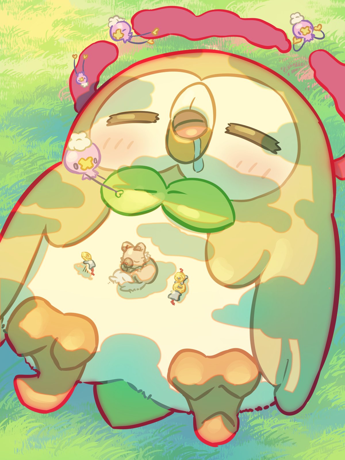 blush closed_eyes commentary_request day drifloon drooling dynamax highres lying meltan mokukitusui no_humans on_back open_mouth outdoors pokemon pokemon_(creature) rockruff rowlet saliva tongue