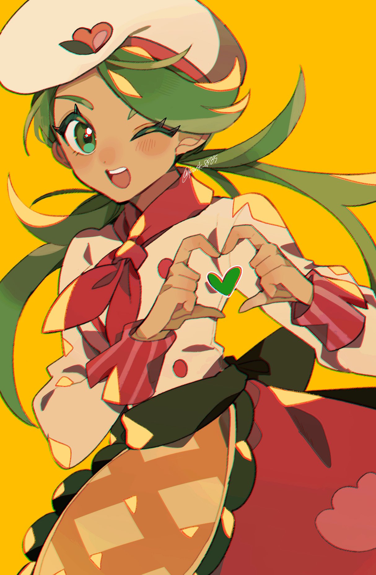 1girl apron beret blush buttons dark-skinned_female dark_skin green_eyes green_hair hat heart heart_hands highres kawasaki_(kwsk_8765) long_hair looking_at_viewer mallow_(palentine's_2023)_(pokemon) mallow_(pokemon) neckerchief official_alternate_costume one_eye_closed open_mouth pokemon pokemon_masters_ex red_neckerchief simple_background twintails waist_apron yellow_background