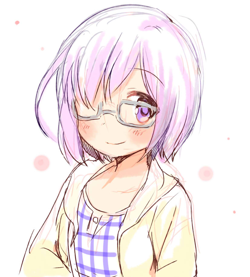 1girl blush casual checkered_clothes checkered_shirt fate/grand_order fate_(series) glasses hair_over_one_eye jacket light_smile looking_at_viewer mash_kyrielight open_clothes open_jacket purple_hair shirt short_hair simple_background sketch solo swept_bangs tatsunokosso upper_body violet_eyes