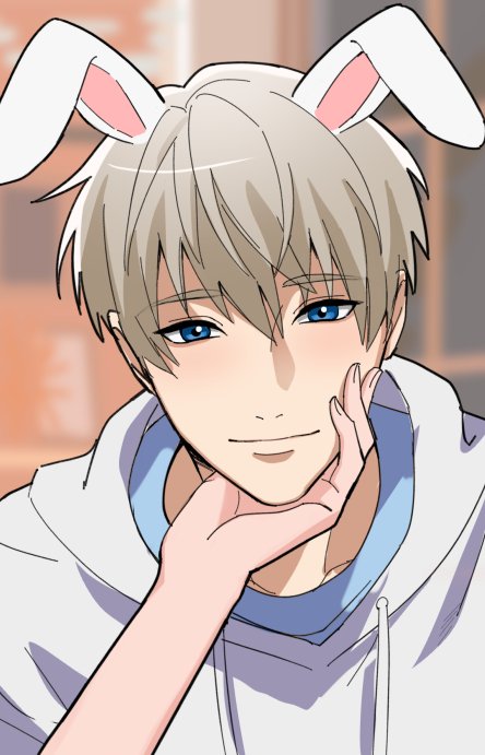 1boy 1girl animal_ears blue_eyes dao_(daao_bf) disembodied_limb grabbing_another's_chin grey_hair hand_on_another's_chin hood hoodie light_smile lips looking_at_viewer love_and_deepspace male_focus portrait protagonist_(love_and_deepspace) rabbit_ears short_hair solo_focus white_hoodie