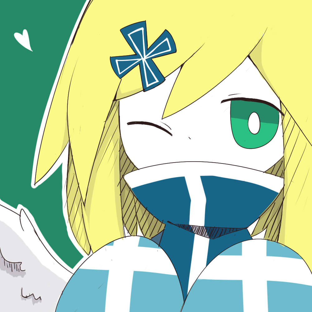 1girl angel angel_wings blonde_hair blue_shirt bright_pupils chelan_(haiiro_teien) close-up colored_skin funamusea funamusea_(style) green_eyes haiiro_teien hair_between_eyes hatching_(texture) heart long_hair long_sleeves one_eye_closed outline own_hands_together shirt sleeves_past_fingers sleeves_past_wrists solo turtleneck white_outline white_pupils white_skin wings yoran_(1401589279)