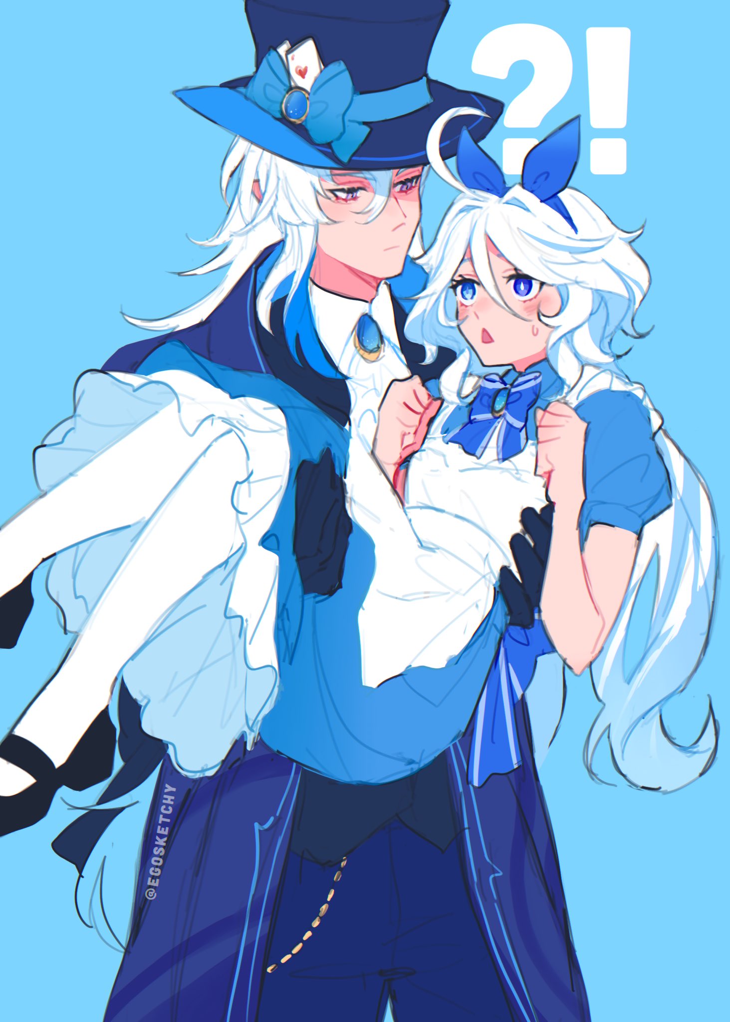 !? 1boy 1girl ahoge alice_in_wonderland alternate_costume apron artist_name ascot back_bow black_footwear blue_background blue_bow blue_bowtie blue_coat blue_dress blue_eyes blue_gemstone blue_gloves blue_hair blue_hairband blue_headwear blue_pants blue_ribbon blue_vest bow bow_hairband bowtie card carrying chain clenched_hands closed_mouth coat collared_coat collared_dress collared_shirt colored_inner_hair dress drop-shaped_pupils egosketchy furina_(genshin_impact) gem genshin_impact gloves gold_chain gold_trim hair_between_eyes hairband hands_up hat hat_bow hetero heterochromia highres long_hair long_sleeves looking_at_another mismatched_pupils multicolored_hair neuvillette_(genshin_impact) open_clothes open_coat open_mouth pants pantyhose playing_card pointy_ears princess_carry puffy_short_sleeves puffy_sleeves ribbon shirt shoes short_sleeves sidelocks simple_background standing sweatdrop symbol-shaped_pupils top_hat vest violet_eyes white_apron white_ascot white_hair white_pantyhose white_shirt