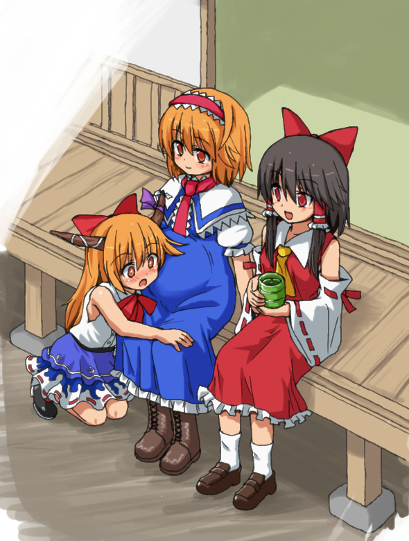 3girls alice_margatroid ascot black_footwear black_hair blue_dress boots bow brown_footwear brown_horns capelet closed_mouth collared_shirt commentary_request cookie_(touhou) cross-laced_footwear cup detached_sleeves dress frilled_hair_tubes frilled_hairband frilled_necktie frilled_skirt frills full_body green_tea hair_between_eyes hair_bow hair_tubes hairband hakurei_reimu hinase_(cookie) holding holding_cup horn_bow horn_ornament horns ibuki_suika kasuga_(kasuga39) loafers long_hair looking_at_another medium_bangs multiple_girls necktie open_mouth orange_eyes orange_hair porch pregnant purple_bow red_bow red_eyes red_hairband red_necktie red_shirt red_skirt reu_(cookie) ribbon-trimmed_skirt ribbon-trimmed_sleeves ribbon_trim shirt shoes short_hair sidelocks sitting skirt skirt_set sleeveless sleeveless_shirt smile tea tea_stalk touhou white_capelet white_shirt white_sleeves wide_sleeves yamin_(cookie) yellow_ascot yunomi