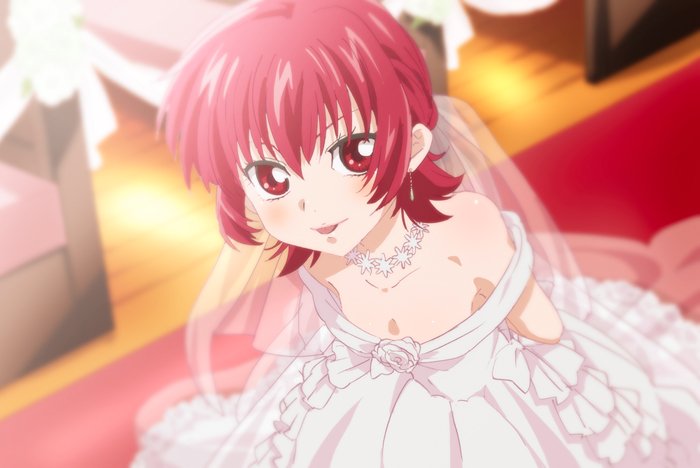 1girl :p bare_shoulders breasts bridal_veil bride church dress earrings fumiko_(mesushi) iria_animi jewelry looking_at_viewer red_eyes redhead short_hair solo strapless strapless_dress tales_of_(series) tales_of_innocence tongue tongue_out veil wedding wedding_dress white_dress