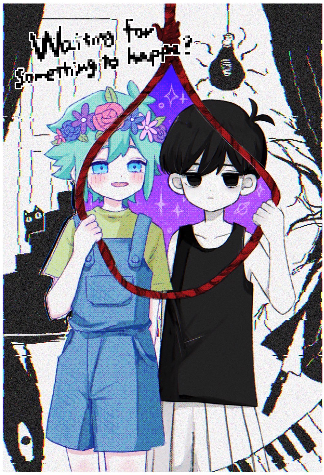 2boys :| aqua_hair arm_behind_back bare_arms bare_shoulders basil_(headspace)_(omori) basil_(omori) black_eyes black_tank_top blue_eyes blue_overalls blush border closed_mouth collarbone commentary cowboy_shot door double_exposure english_text expressionless film_grain flower_wreath green_shirt hand_up head_wreath highres holding holding_rope indoors leaf light_bulb looking_at_viewer male_focus mugi062 multiple_boys noose omori omori_(omori) open_mouth overalls pixelated rope shirt short_hair short_sleeves shorts smile something_(omori) sparkle standing striped_clothes striped_shorts tank_top white_border white_shorts