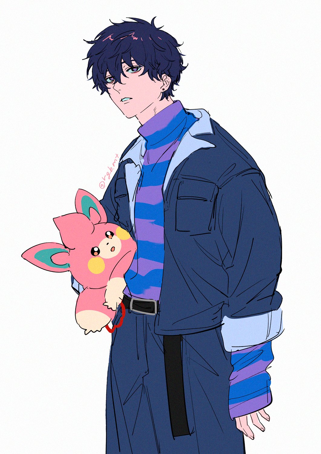 1boy 32_(rgb_mt) arm_at_side belt black_belt black_hair blue_jacket blue_pants blue_sweater carrying carrying_under_arm commentary_request cowboy_shot crossover denim denim_jacket earrings expressionless grey_background highres holding holding_pokemon jack-o'_ran-tan jacket jewelry long_sleeves looking_at_viewer male_focus messy_hair napoli_no_otokotachi open_clothes open_jacket pants parted_lips pawmi pokemon pokemon_(creature) purple_sweater shirt_tucked_in short_hair simple_background solo standing striped_clothes striped_sweater stud_earrings sweater turtleneck turtleneck_sweater twitter_username two-tone_sweater violet_eyes