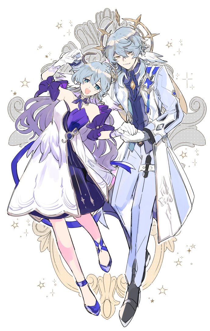 1boy 1girl :d arm_up black_footwear blue_eyes blue_footwear blue_hair blue_jacket blue_pants blue_sleeves closed_mouth detached_collar detached_sleeves dress gloves gradient_hair head_tilt high_heels holding_hands honkai:_star_rail honkai_(series) jacket leaning_to_the_side long_hair looking_at_viewer multicolored_hair open_mouth pants purple_hair robin_(honkai:_star_rail) shoes short_hair short_sleeves side-by-side simple_background smile strapless strapless_dress sudachips sunday_(honkai:_star_rail) white_background white_dress white_gloves