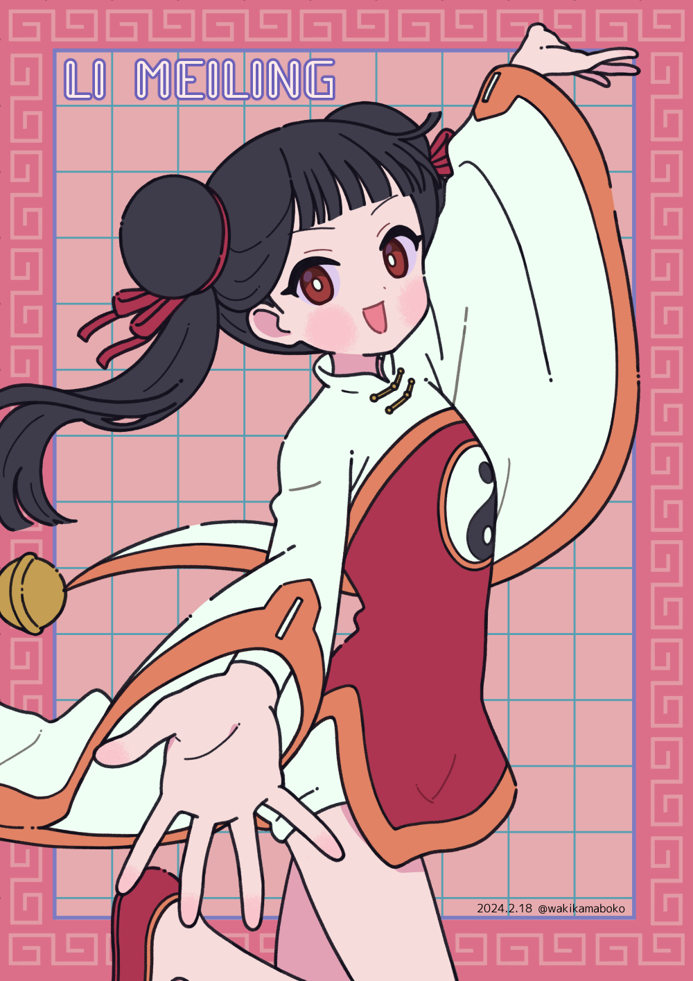 1girl :d arm_up bell black_hair blush_stickers cardcaptor_sakura character_request commentary dated double_bun dress floating_hair hair_bun highres jingle_bell li_meiling long_hair long_sleeves looking_at_viewer neki_(wakiko) outstretched_arms pink_background red_dress red_eyes red_footwear shoes shorts shorts_under_dress smile solo standing standing_on_one_leg twintails twitter_username white_shorts wide_sleeves