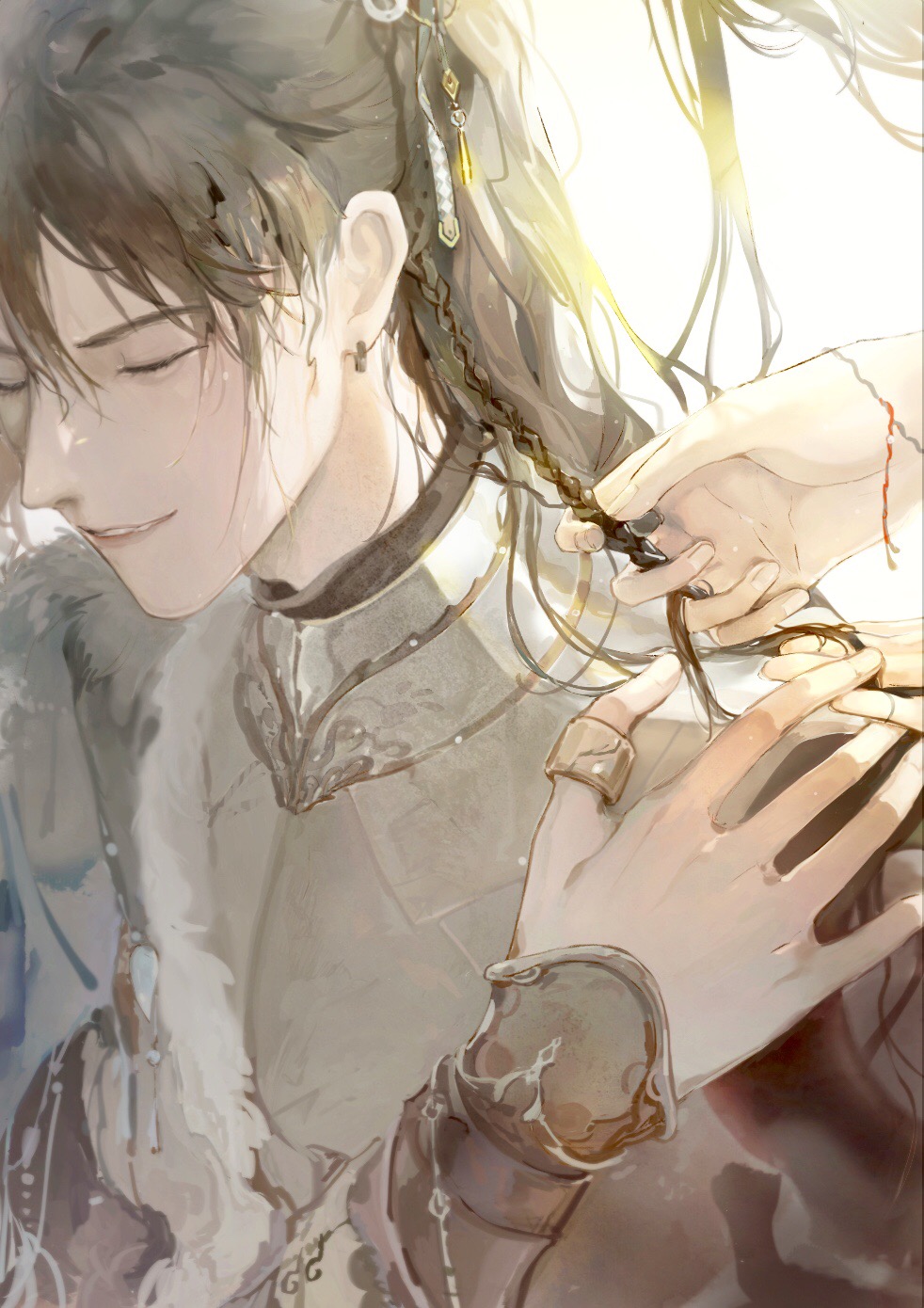 1boy armor bracer braid brown_hair cloak closed_eyes earrings fur-trimmed_cloak fur_trim hand_on_own_shoulder highres holding_another's_hair jewelry long_hair nthatall qiang_jin_jiu ring shen_lanzhou simple_background single_earring smile thumb_ring wet wet_hair white_background xiao_chiye