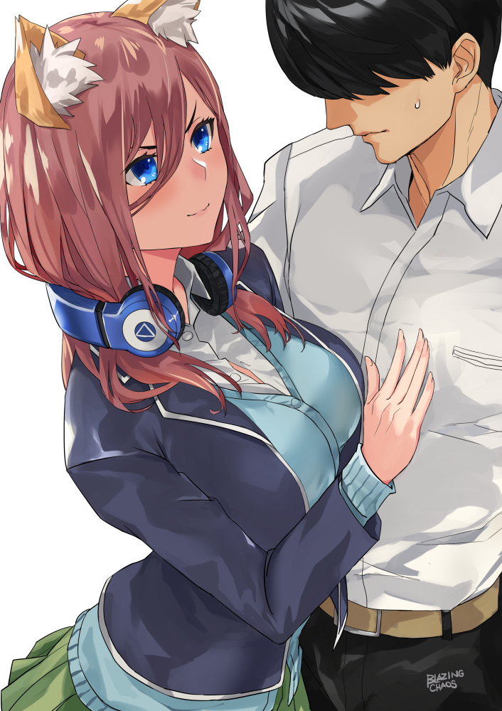 1boy 1girl animal_ear_fluff animal_ears belt black_hair black_jacket black_pants blazer blazingchaos blue_cardigan blue_eyes breasts brown_belt brown_hair cardigan closed_mouth collared_shirt commentary_request dog_ears faceless faceless_male go-toubun_no_hanayome green_skirt hand_on_another's_chest headphones headphones_around_neck jacket kemonomimi_mode large_breasts leaning_on_person long_hair long_hair_between_eyes long_sleeves nakano_miku open_clothes open_jacket pants school_uniform shirt short_hair skirt smile sweatdrop uesugi_fuutarou white_background white_shirt