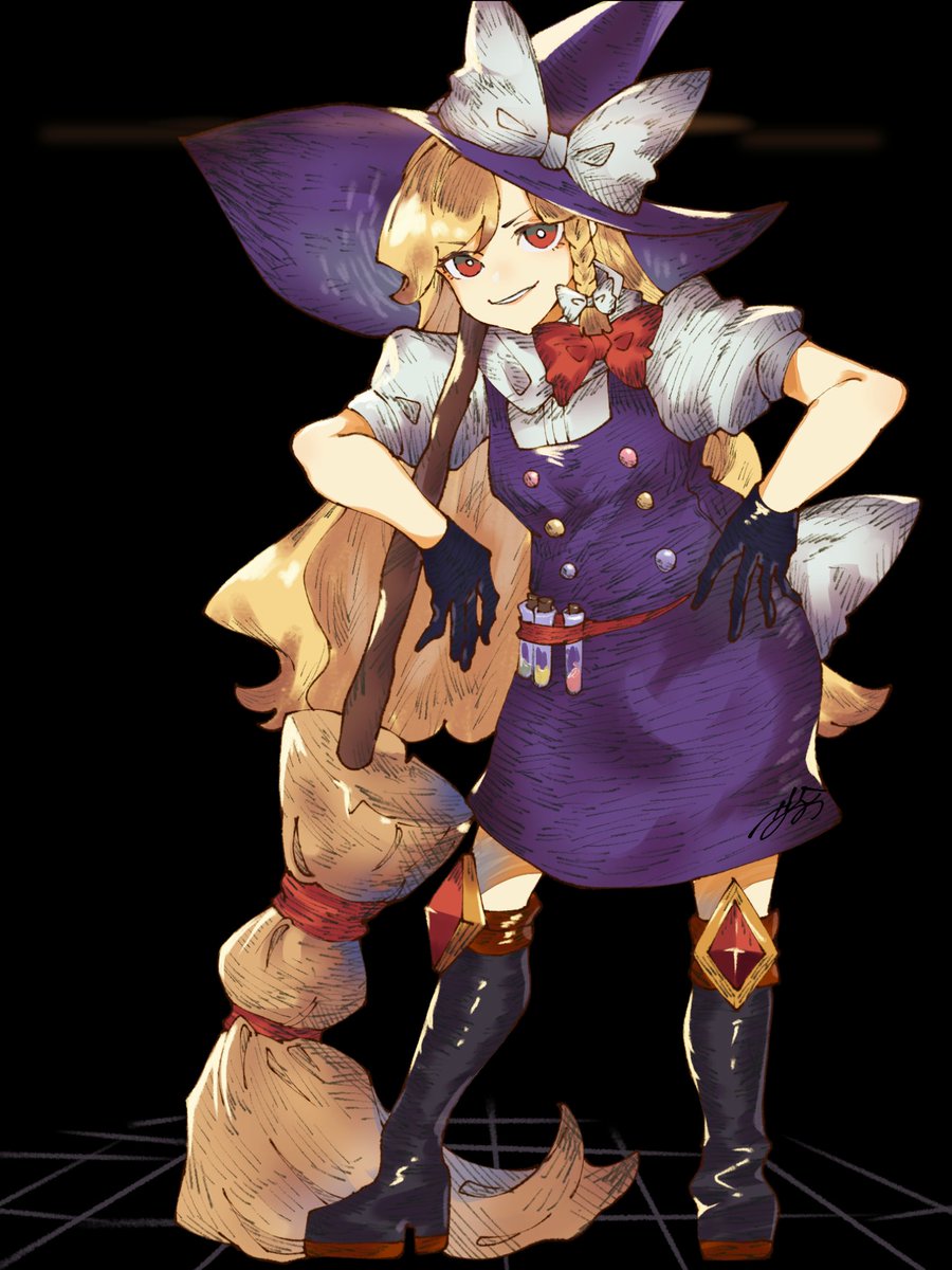 1girl aojirozame1228 belt black_background black_footwear black_gloves black_headwear blonde_hair boots bow bowtie braid bright_pupils broom closed_mouth dress full_body gem gloves grid grin hair_bow hand_on_own_hip hat hat_bow highres holding holding_broom kirisame_marisa light_frown long_hair looking_at_viewer parted_lips puffy_short_sleeves puffy_sleeves purple_dress red_belt red_bow red_bowtie red_eyes red_gemstone shirt short_sleeves simple_background single_braid smile solo standing test_tube touhou white_bow white_pupils white_shirt witch_hat