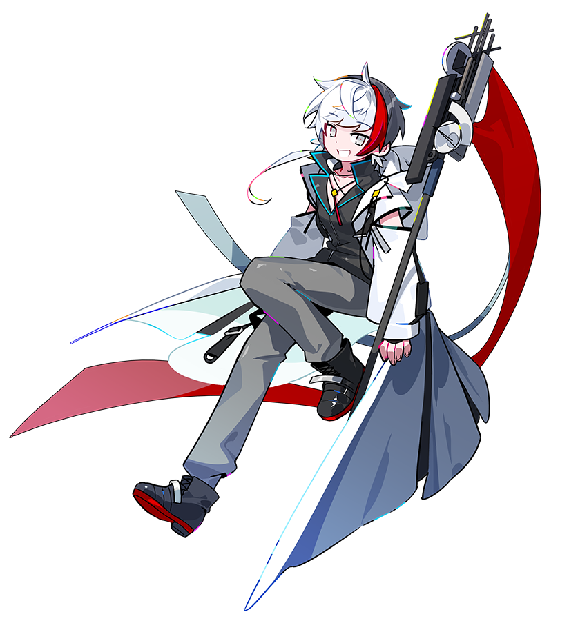 1boy arknights arm_cutout black_footwear black_hair black_jacket coat commentary elysium_(arknights) feather_hair flag flagpole full_body grey_eyes grey_pants grin holding holding_flag jacket jewelry knee_up lab_coat looking_at_viewer male_focus multicolored_hair necklace nsi_(2312_0120) pants redhead simple_background smile solo symbol-only_commentary white_background white_coat white_hair